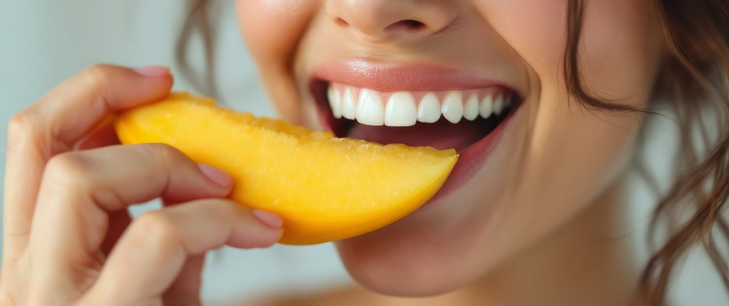 Woman enjoying a ripe mango, symbolizing health, tropical freshness, and the joy of eating natural fruits.