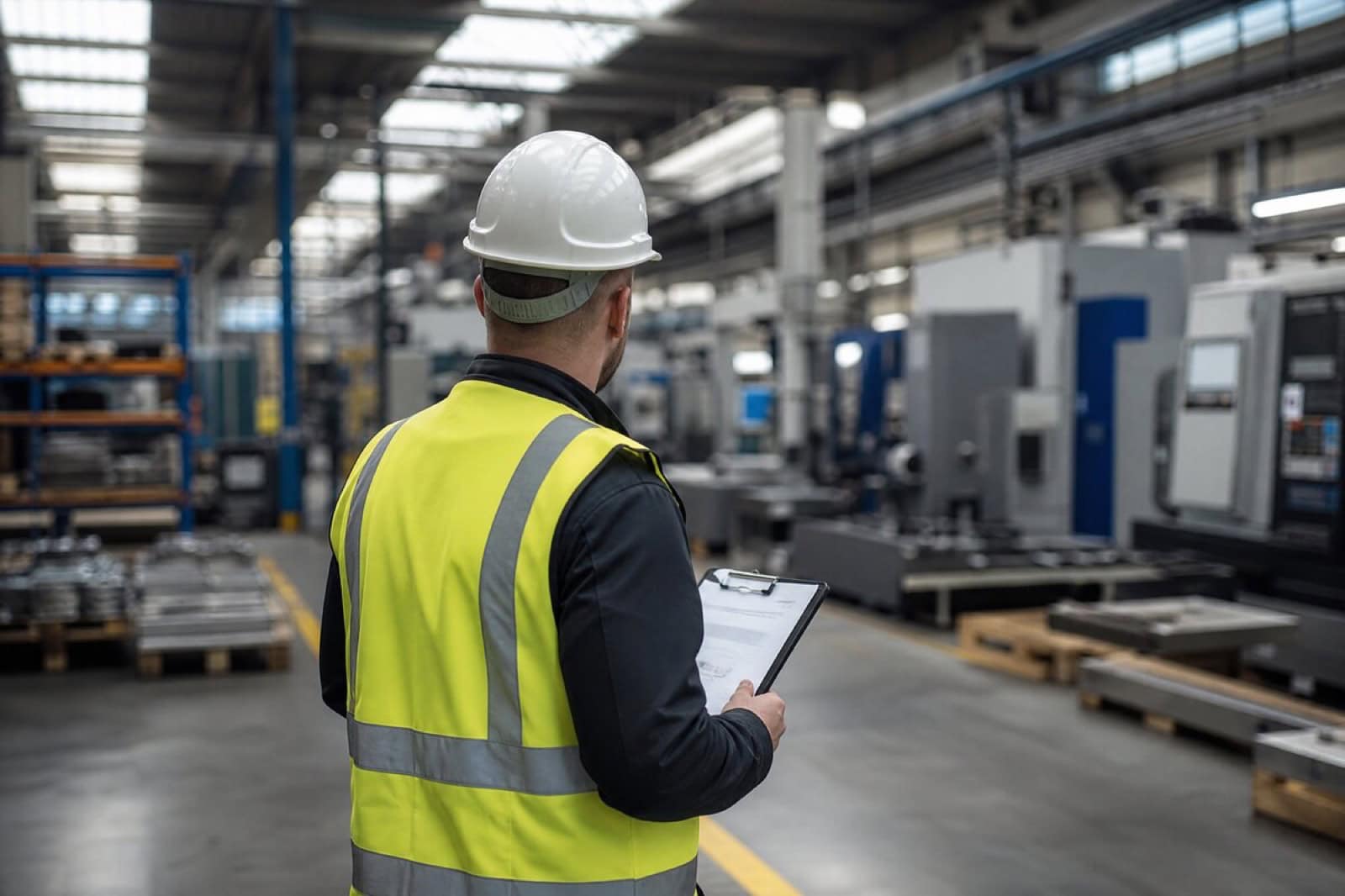 bts-technik-kontrola-prevadzky Bezpečnostný technik pri kontrole pracoviska s dokumentáciou v ruke