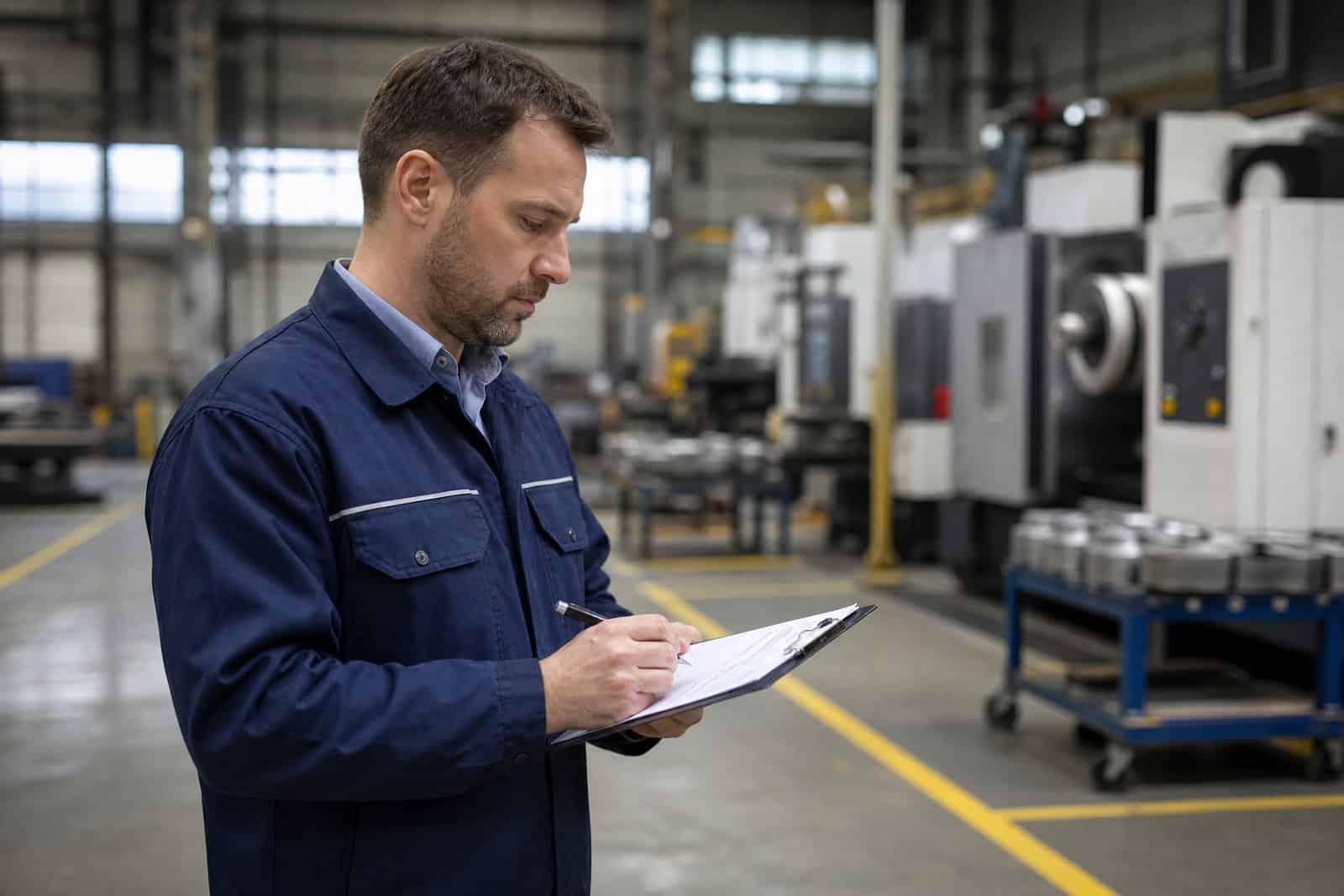 Bezpečnostný technik zapisuje zistenia pri kontrole pracoviska vo výrobnej hale