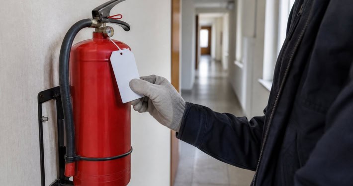 Technik kontroluje štítok o vykonaní kontroly na hasiacom prístroji v objekte