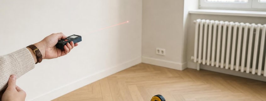 Laserový diaľkomer, zvinovací meter a náčrt pôdorysu na parketách pri zameriavaní prázdnej izby