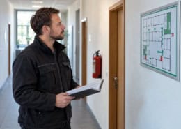 Technik požiarnej ochrany porovnáva dokumentáciu so skutočným stavom priestorov počas prehliadky