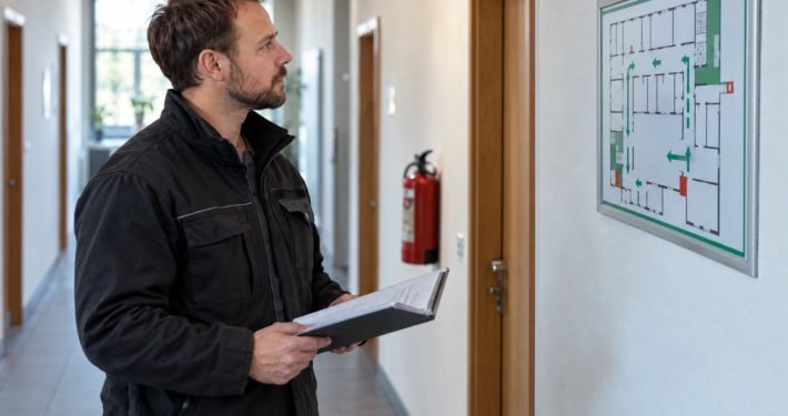 Technik požiarnej ochrany porovnáva dokumentáciu so skutočným stavom priestorov počas prehliadky